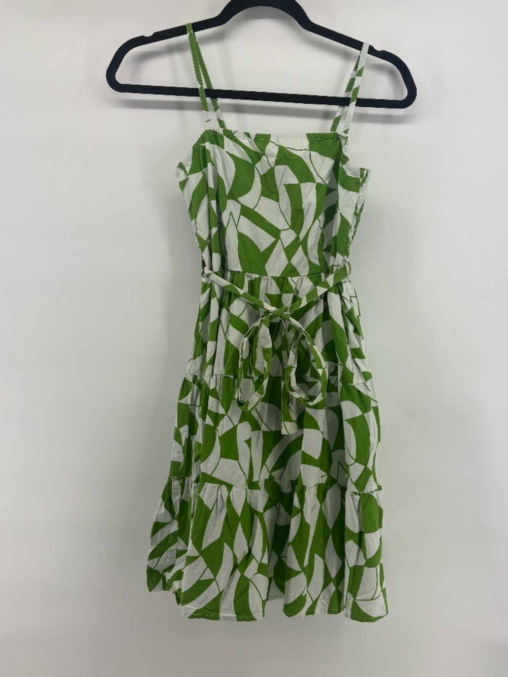 Sim & Sam by anthropology green and white geometric print knee length with belt